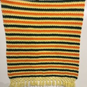70s Style Hand Crocheted Afghan Throw Yellow Orange Green Stripe fringed